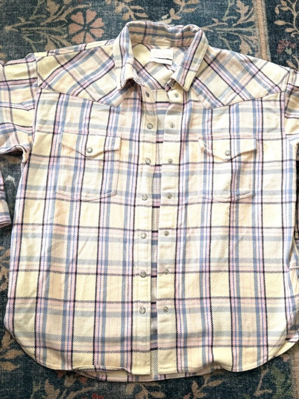 J. Crew Relaxed Pearl Snap Western Flannel Shirt Cream Pink Blue Plaid Sz 8